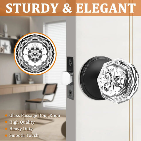 5 Pack Crystal Glass Passage Door Knobs Set With Flat Black Zinc Alloy Rosettes Nonlocking Interior Door Handles