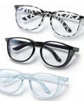 3 Pack Anti Fog Safety Glasses With Wraparound Side Shields Clear Lens Work Goggles straight on view of black, clear, and patterned frames.
