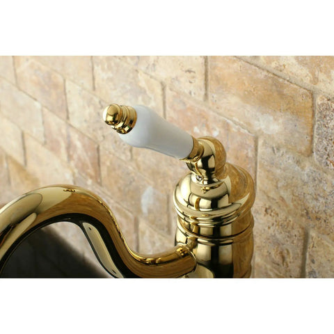 Vessel Sink Faucet Polished Brass, No-Fuss Single-Handle Deck Mount, 1-Hole Install, close up of handle and spout