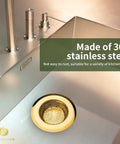 Two Pack Stainless Steel Kitchen Sink Strainers With Gold Finish, 4.5 Inch Wide Rim in stainless steel sink setting