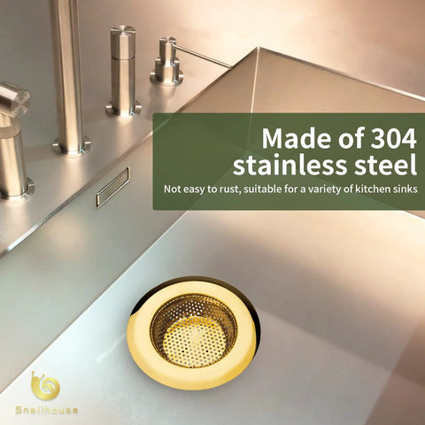 Two Pack Stainless Steel Kitchen Sink Strainers With Gold Finish, 4.5 Inch Wide Rim in stainless steel sink setting