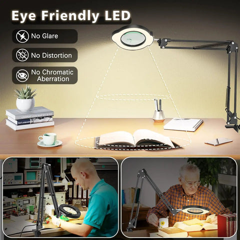 Hands Free Desk Magnifier With Light 15X And 10X Zoom, 84 LED Real Glass Lens, demonstrating use for reading and crafting