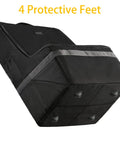 Black padded car seat travel bag for airplane with visible 4 protective feet, durable nylon, spacious interior, shoulder strap.