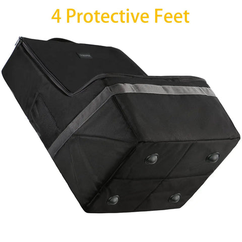 Black padded car seat travel bag for airplane with visible 4 protective feet, durable nylon, spacious interior, shoulder strap.