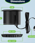 GaN Desk Grommet Power Hub With 65W USB C PD 2 USB A Ports And Duplex Outlet dimensions showing 3.78in height, 3.01in ID