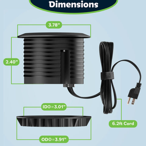 GaN Desk Grommet Power Hub With 65W USB C PD 2 USB A Ports And Duplex Outlet dimensions showing 3.78in height, 3.01in ID