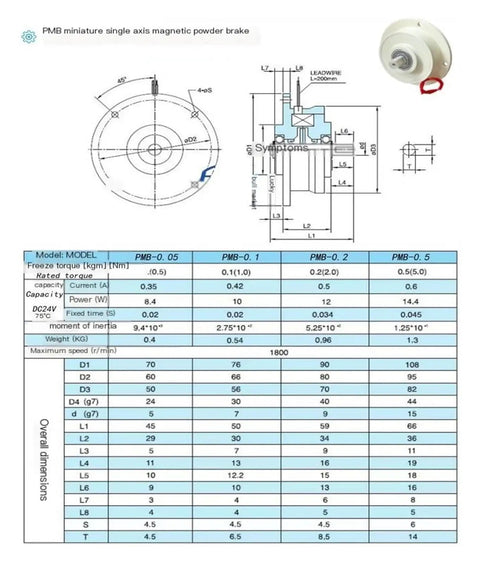Technical diagram of PMB 0.2 model with specifications for High Performance Magnetic Powder For 24V Brake Controllers 0.5kg Alloy Powder