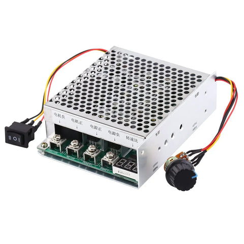 DC Motor Speed Controller With Digital Display And Reversible Drive For Industrial Automation And DIY Projects, 10V To 55V Input, 60A Capacity, Clear Speed Readout, Easy Direction Change, Rugged Circuit Board, metal housing, knob and switch