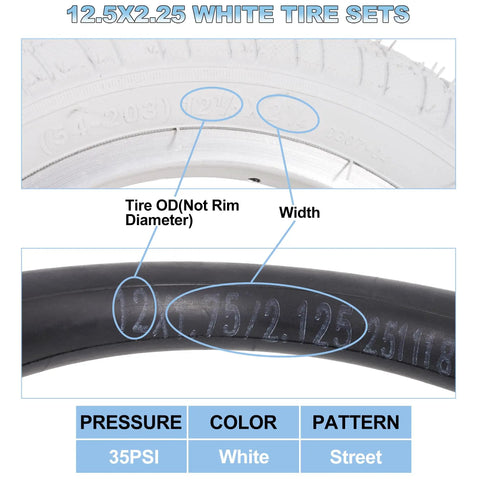 Two Pack 12.5x2.25 White Bicycle Tires With Inner Tubes For Kids Bikes And Strollers, 54-203 detail showing size markings