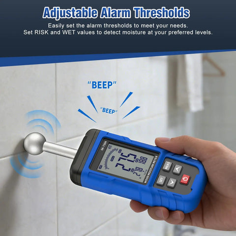 Rechargeable Pinless Moisture Meter For Drywall, Wood, Walls, And Masonry, Non Destructive Humidity Detector With 20 To 100 Mm Measuring Depth, Type C Charging, Pro Grade, Handy For Lumber, Concrete, And More, Blue testing tile wall moisture with alarm thresholds