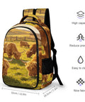 Sunset Farm Highland Cow Printed Unisex Backpack with large capacity, durable polyester, and breathable design for school or travel.