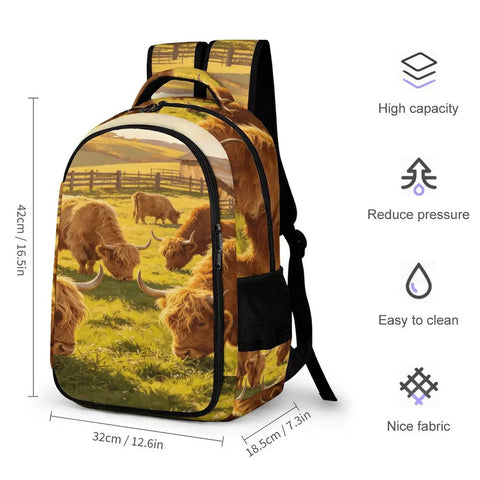 Sunset Farm Highland Cow Printed Unisex Backpack with large capacity, durable polyester, and breathable design for school or travel.