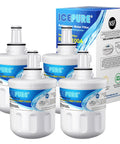 4 Pack Refrigerator Water Filter Replacement For Samsung DA29-00003G with packaging, white filters, NSF certified