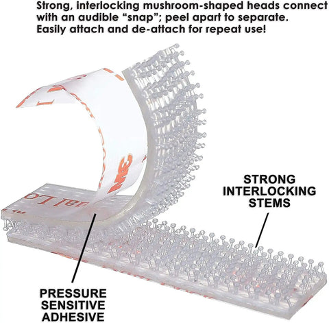Close-up of Dual Lock Clear Adhesive Mounting Strips Pack Four Each One Point Five Inches Interlocking Mushroom Head Fasteners