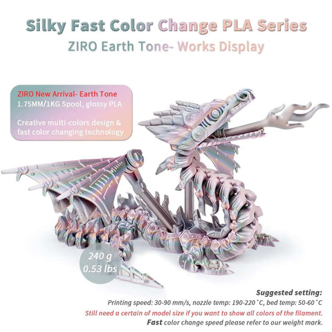 Color-changing dragon model printed using Earth Tone Silk PLA Filament With Dope Gradient Color Change for 3D Printing on Most FDM Printers.