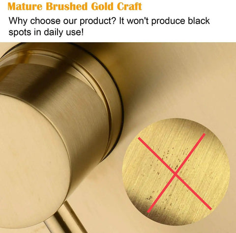 Close-up of Premium Brushed Gold Shower Faucet Set featuring smooth finish, demonstrating durability without black spots.