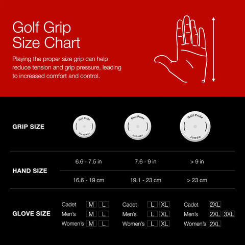 Golf grip size chart showing hand and grip size guide for Tour Velvet 360 Golf Grip Midsize White 1 Pack For Durable Comfort.