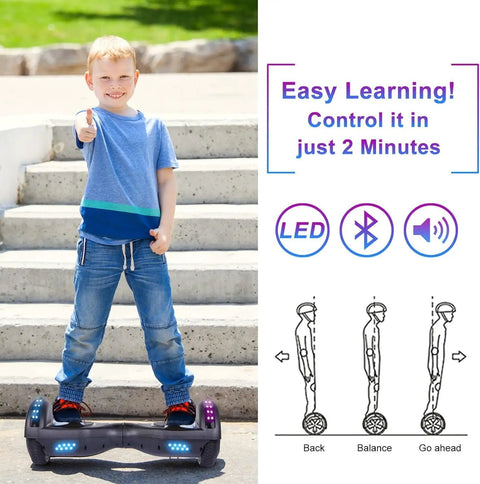 Young boy using a Seat Attachment for 6.5 Inch Self Balancing Scooters Go Kart with Bluetooth and LED lights, showing control ease.