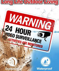 Warning sign with "24 Hour Video Surveillance" text, covered in mud and water droplets, showing dustproof and waterproof capabilities.