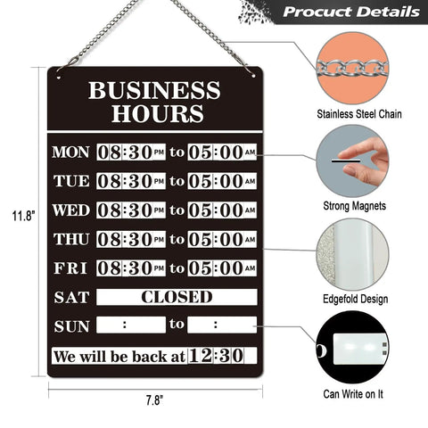 Magnetic Changeable Business Hours Sign For Storefronts, Heavy-Duty Metal Display with Magnetic Hour Blocks and Stainless Steel Chain