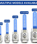 Lineup of ball valves in various sizes including Three Quarter Inch Full Port Ball Valve NPT Female 316 Stainless Steel Built Tough Heavy Duty Valve For Water Oil And Gas With Handle WOG 1000 Rating 4 Pack Corrosion Resistant Industrial Plumbing Grade.