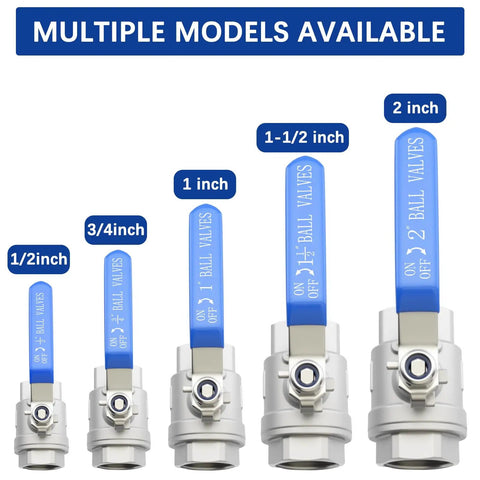 Lineup of ball valves in various sizes including Three Quarter Inch Full Port Ball Valve NPT Female 316 Stainless Steel Built Tough Heavy Duty Valve For Water Oil And Gas With Handle WOG 1000 Rating 4 Pack Corrosion Resistant Industrial Plumbing Grade.