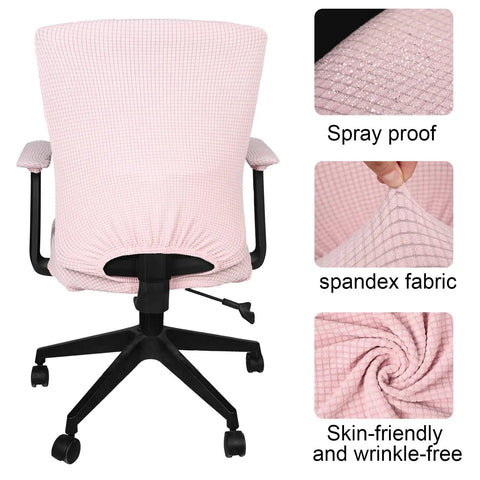 4 Piece Stretchable Office Chair Cover Set Universal Fit For Rotating Chairs Includes Seat Cover Back Cover And Armrest Pads Slipcovers In Polyester Pale Pink showing texture and features like spandex fabric, spray proof, and wrinkle-free properties
