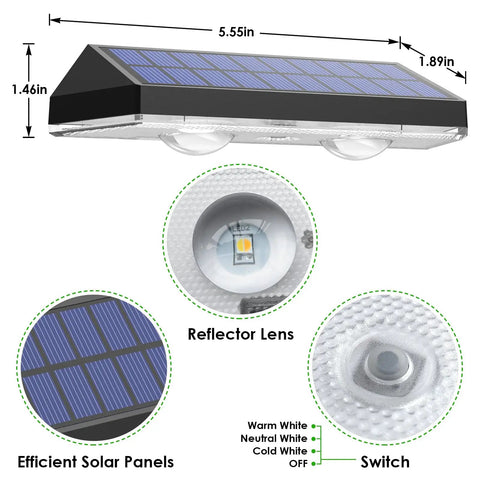 Top Notch Solar Fence Lights For Outdoor Yard And Garden Walkways with solar panels, reflector lens, and switch details.