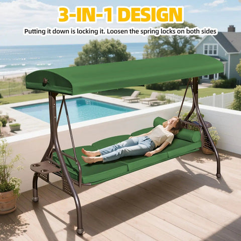 3 Seat Patio Swing With Canopy Convertible Outdoor Swing Bed With Thick Cushions And Pillows Cup Holders 135 Degree Adjustable Hardtop Canopy Shade For Backyard Garden Or Deck Green turned into a flat bed with person lying down on deck