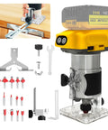 Cordless Wood Router Trimmer For 20V Battery With 6 Speed Settings, 800W, shown with accessories and bits, no battery included