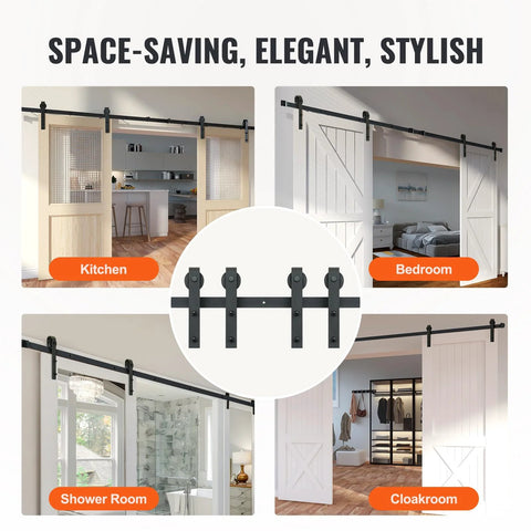 Sliding Barn Door Hardware Kit 8 Ft Heavy Duty Track Kit For Double Doors With Smooth Silent Pulley Supports Up To 330 Lbs Fits 3.7 To 4.3 Ft Total Width And Door Panels 1.3 To 1.8 Inches Thick Includes Two Section Tracks used in various rooms.