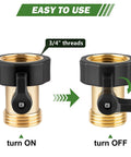 Solid Brass Garden Hose Shut Off Valve Three Quarter Inch Connector Heavy Duty Water Hose Stopper With Easy Turn Handle Two Pack Includes Four Extra Rubber Washers For Leak Free Control, 3/4-inch threads shown on/off