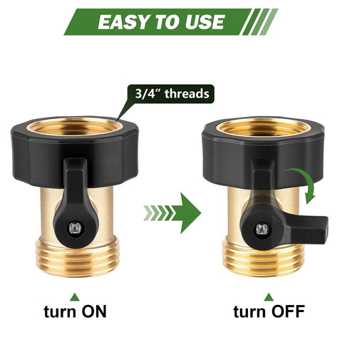 Solid Brass Garden Hose Shut Off Valve Three Quarter Inch Connector Heavy Duty Water Hose Stopper With Easy Turn Handle Two Pack Includes Four Extra Rubber Washers For Leak Free Control, 3/4-inch threads shown on/off
