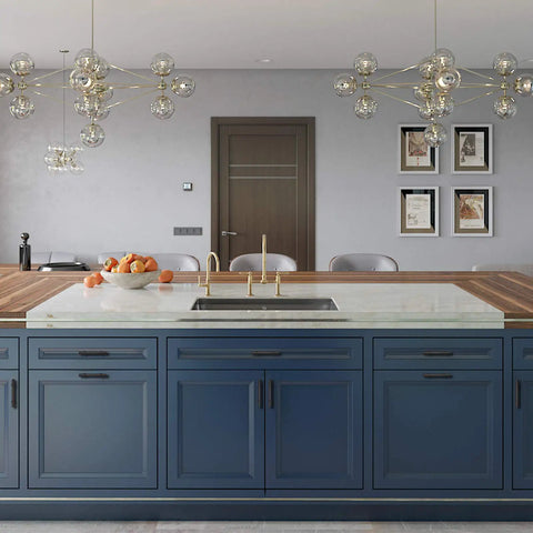 Modern kitchen with blue cabinets featuring 25 Pack Matte Black Cabinet Pulls 3 Inch Center To Center Stainless Steel Drawer Handles