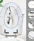 Toilet Seat Elongated for Bathroom with horse design, stainless steel hinges, and quick release feature.