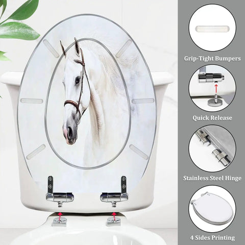 Toilet Seat Elongated for Bathroom with horse design, stainless steel hinges, and quick release feature.