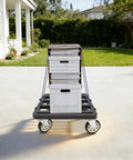 Heavy Duty Furniture Dolly With Smooth Rolling Locking Casters, Rock Solid Steel Folding Moving Platform, No Sweat Collapsible Hand Truck For Quick Sofa And Machine Moving, 1200 Lb Capacity with stacked file boxes.
