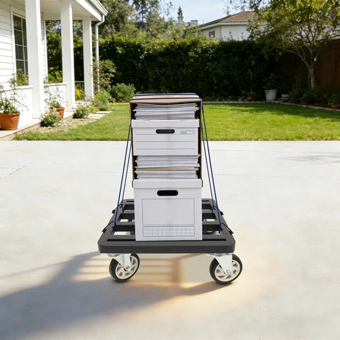 Heavy Duty Furniture Dolly With Smooth Rolling Locking Casters, Rock Solid Steel Folding Moving Platform, No Sweat Collapsible Hand Truck For Quick Sofa And Machine Moving, 1200 Lb Capacity with stacked file boxes.