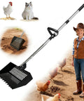 Heavy Duty Chicken Poop Scooper And Rake 2 In 1 With A 10 Inch Wide Scoop And Adjustable Stainless Steel Handle From 22 To 62 Inches shown with farm context