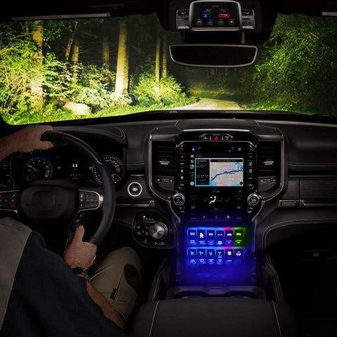 Interior view of vehicle with illuminated controls using Led Pod Lights With 5 Pin SPST Rocker Switch On Off 12V 20A 24V 10A.