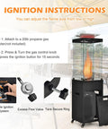 Beast 41,000 BTU Propane Patio Heater With Weatherproof Cover Lockable Wheels Adjustable Feet Tempered Glass Tube CSA Certified Outdoor Heater For Garden Porch And Deck Long Reach Heating Up To 13 Feet shown with ignition instructions