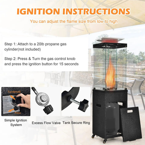 Beast 41,000 BTU Propane Patio Heater With Weatherproof Cover Lockable Wheels Adjustable Feet Tempered Glass Tube CSA Certified Outdoor Heater For Garden Porch And Deck Long Reach Heating Up To 13 Feet shown with ignition instructions
