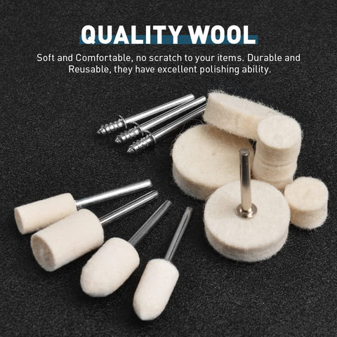 80 Pieces Wool Felt Buffing Wheel Set For Rotary Tool With 1 8th Inch Shank, various sizes on black background