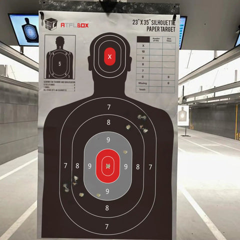 Silhouette Target Pack 23x35 Inch Paper Targets For Indoor Outdoor Range Practice with head and torso zones in shooting lane.