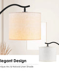 Arched LED Floor Lamp With Beige Linen Shade Slick Modern Mid Century Standing Lamp Black Finish Built In Footswitch