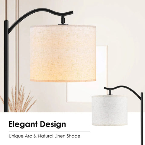 Arched LED Floor Lamp With Beige Linen Shade Slick Modern Mid Century Standing Lamp Black Finish Built In Footswitch