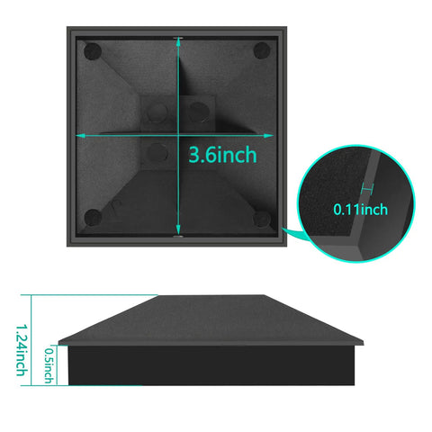 4x4 Wood Fence Post Cap 3.5x3.5 Inches Black, PP Plastic Waterproof UV Proof Keeps Posts From Cracking And Rotting, Fits 3.58x3.58 Inner Diameter, 24 Pack, Outdoor Weather Resistant Shield, showing a top and side view with dimensions