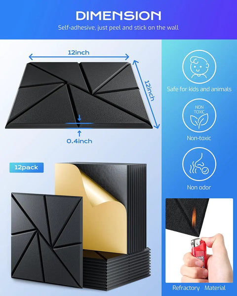 Twelve Pack Straight Up Soundproof Foam Panels For Walls Self Adhesive High Density Acoustic Treatments To Smooth Out Room Reverb And Kill Echo In Home Studios Black, showing dimensions and texture.