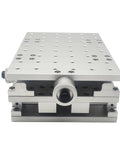 Portable XY Moving Table For Laser Marking And Engraving 210 By 150 By 75mm 2D Workbench front view, aluminum surface with M6 holes.