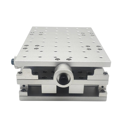 Portable XY Moving Table For Laser Marking And Engraving 210 By 150 By 75mm 2D Workbench front view, aluminum surface with M6 holes.